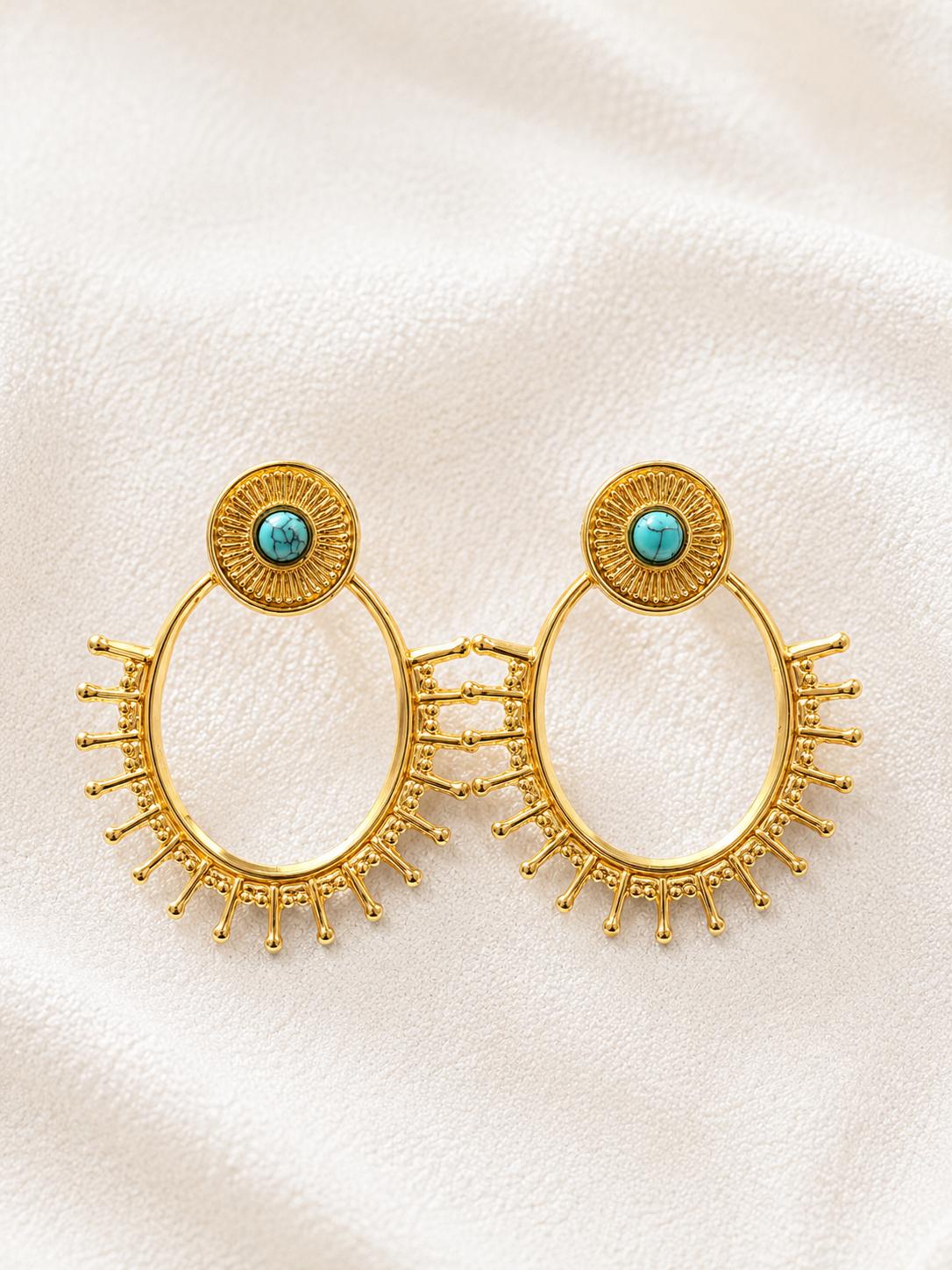 Aretes grandes bohemios diseño sol con piedra turquesa, joyería étnica para mujer SUY