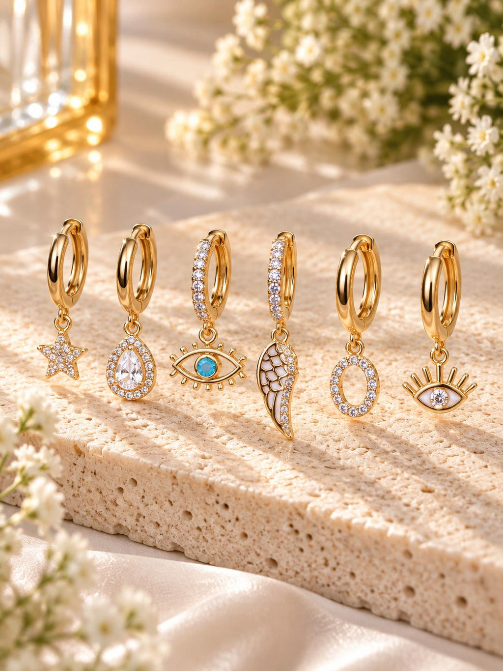 6 aretes individuales dorados ojo turco estrella gota ala zirconia SUY