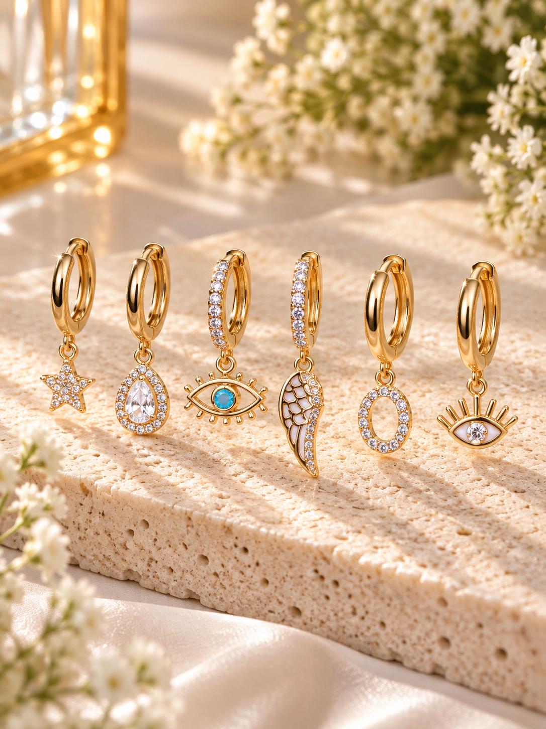 6 aretes individuales dorados ojo turco estrella gota ala zirconia SUY