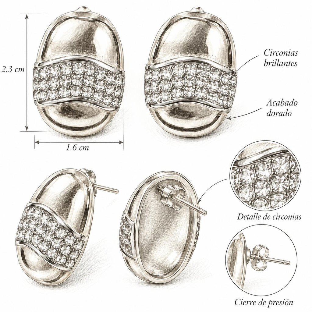 Pendientes ovalados dorados con piedras brillantes, diseño bicolor elegante para mujer SUY