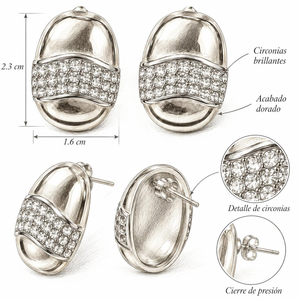 Pendientes ovalados dorados con piedras brillantes, diseño bicolor elegante para mujer SUY