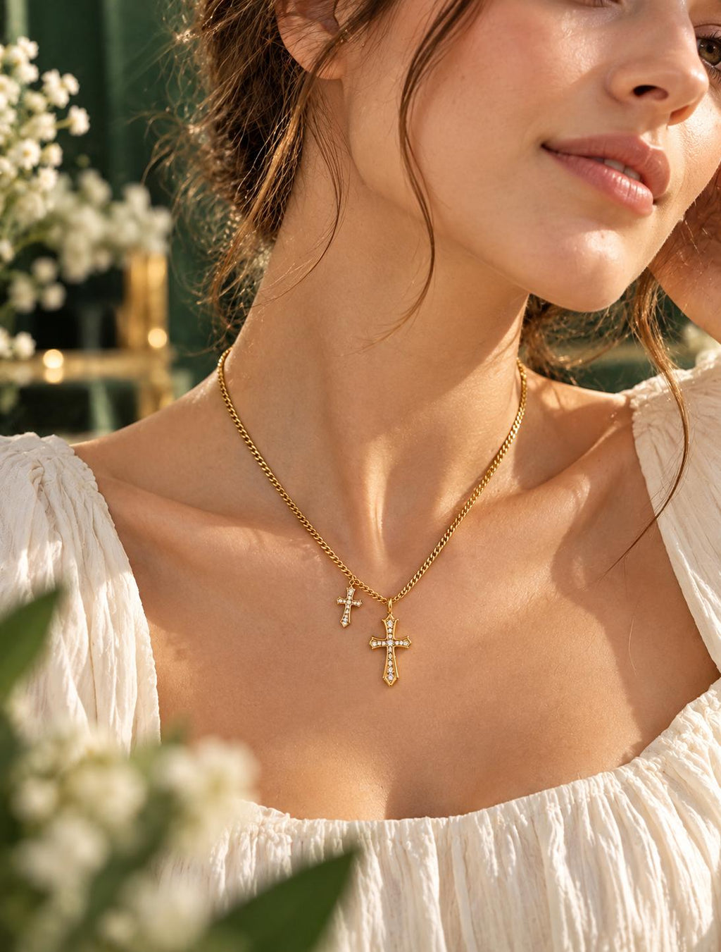 Collar dorado de cadena cubana con dos cruces de circonitas, collar vintage de moda SUY