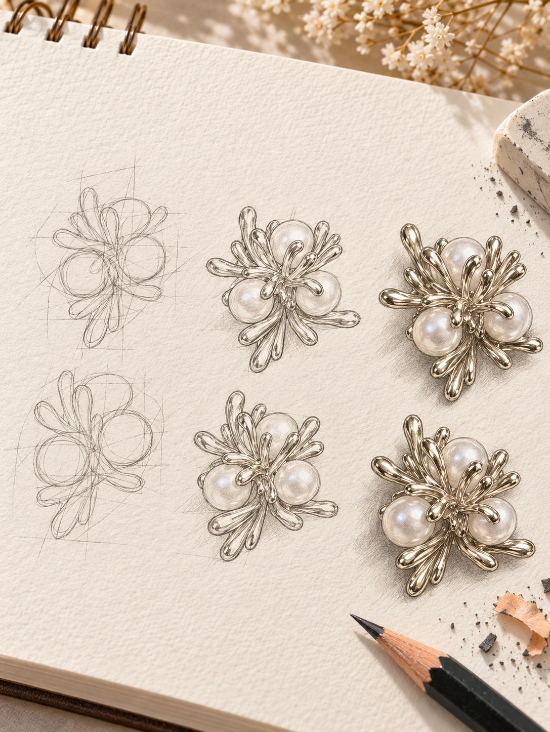 Aretes flor de perla diseño abstracto dorado, joyería elegante para mujer SUY