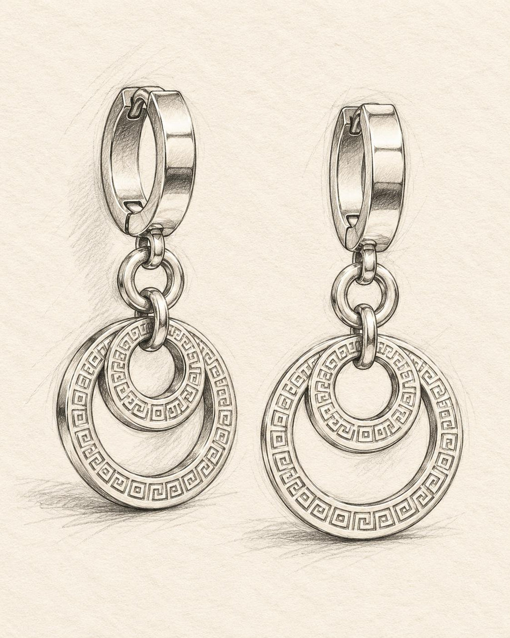 Aretes largos dorados con círculos entrelazados y detalles geométricos para mujer