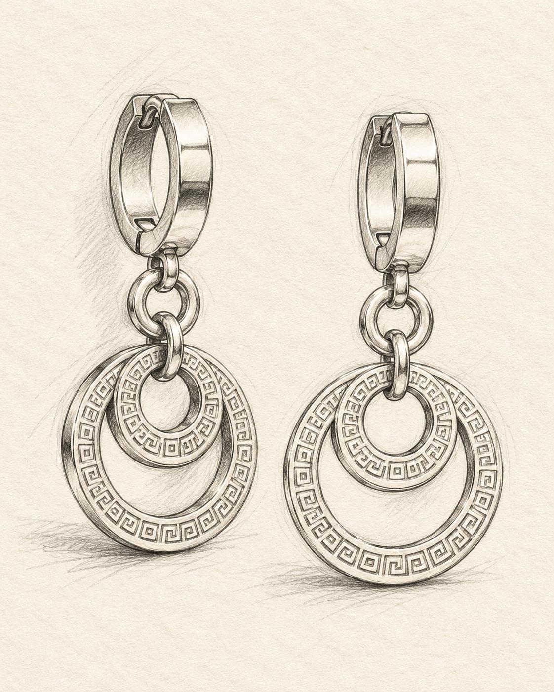 Aretes largos dorados con círculos entrelazados y detalles geométricos para mujer