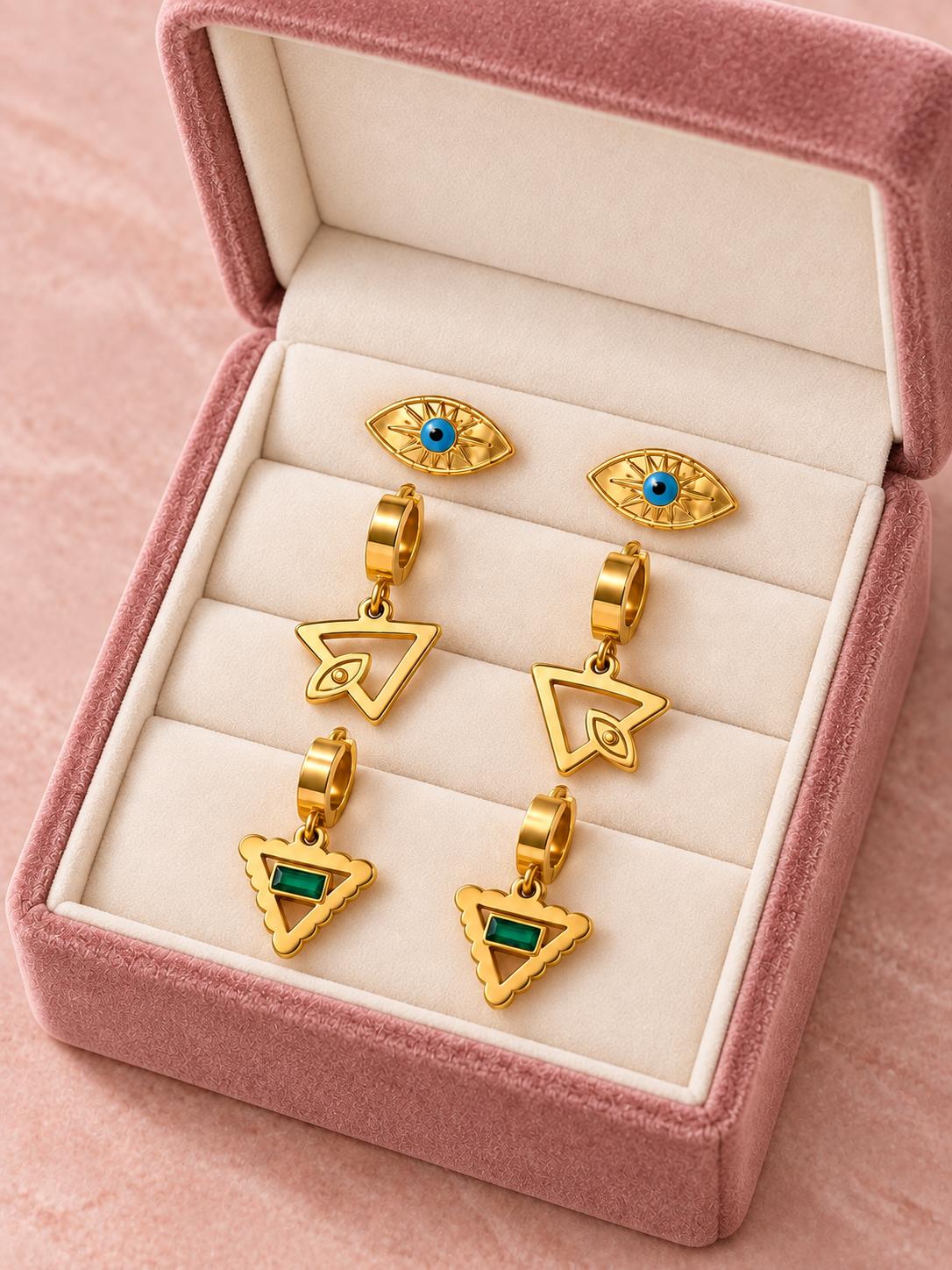 Set de 3 pares de aretes dorados para mujer, diseños de ojo azul y triángulos