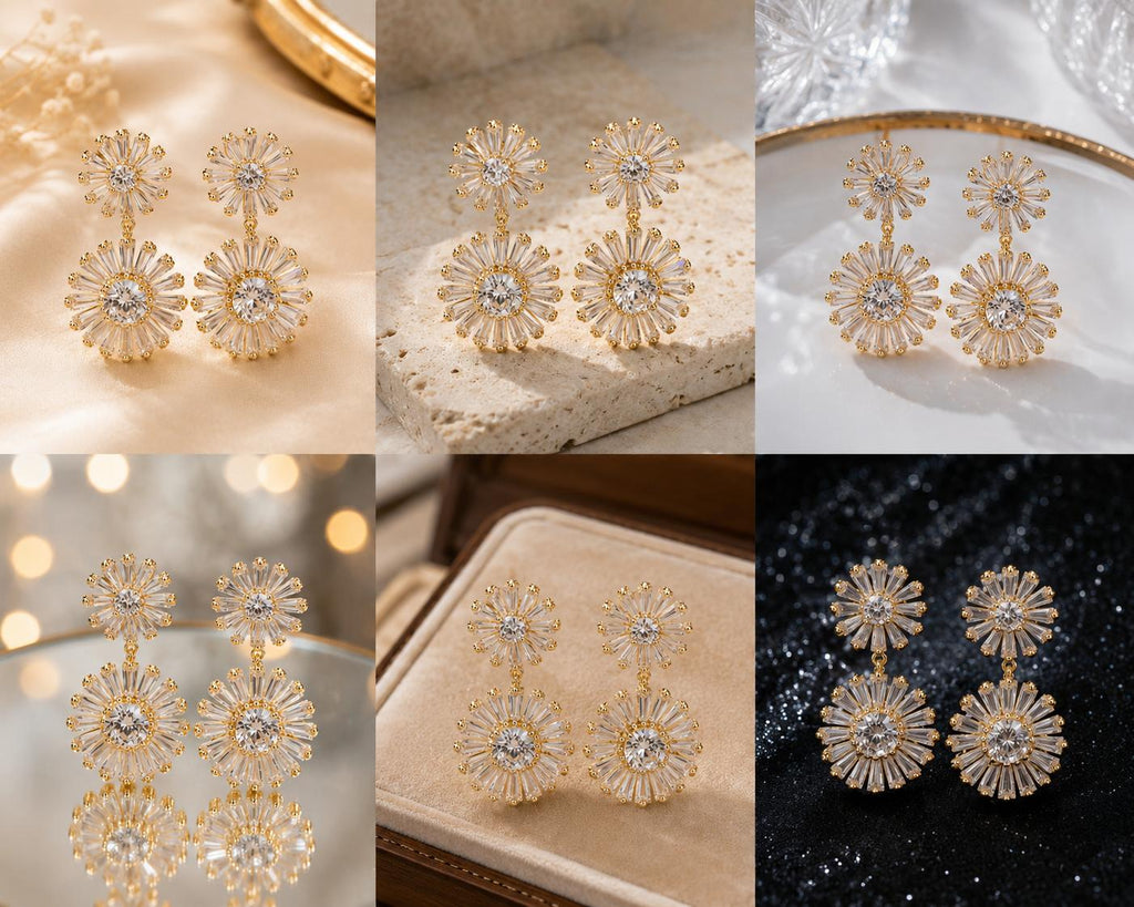 Aretes Colgantes de Flor con Zirconias Brillantes, Diseño Doble Floral, Elegantes para Mujer, Color Dorado