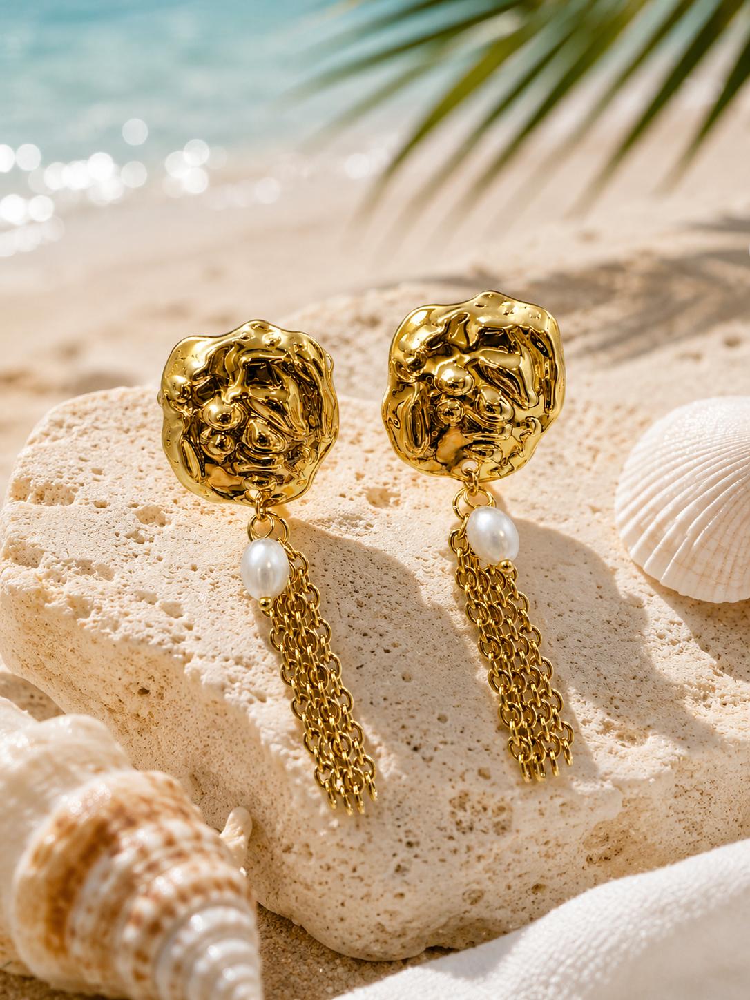 Aretes largos dorados texturizados con perla y fleco de cadena, joyería moderna para mujer SUY