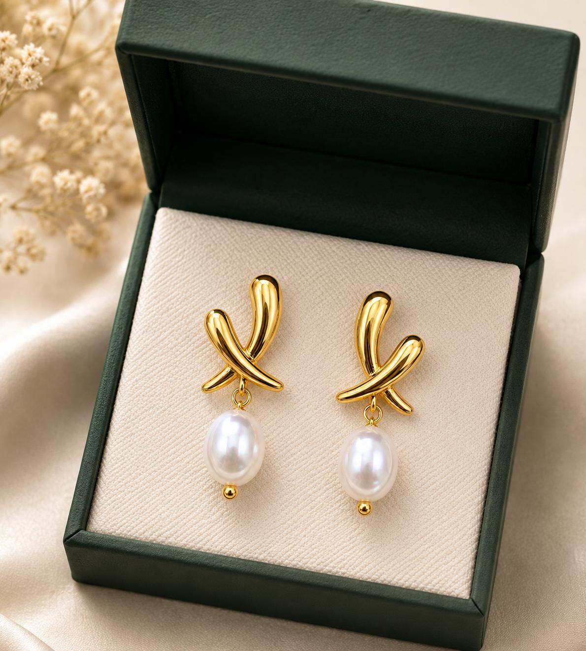 Pendientes aretes dorados diseño cruz con perla sintética,aretes colgantes elegantes para fiesta oficina uso diario joyería mujer SUY