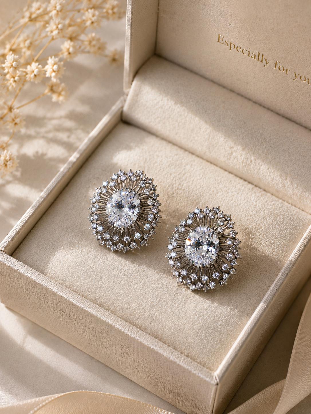 Aretes de Tuerca Ovalados con Piedras Brillantes , Diseño Fiesta Elegante para Mujer SUY