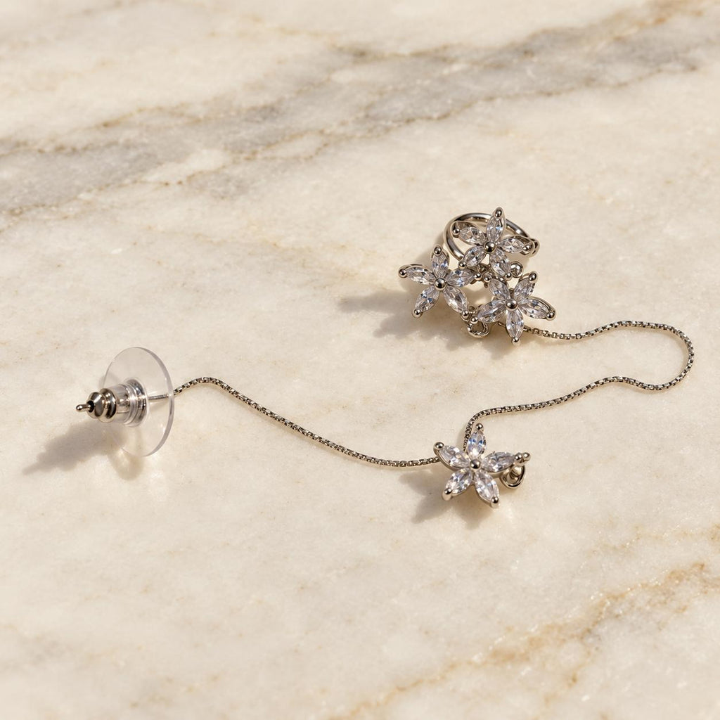 Aretes largos de cadena con flores de circonita, aretes delicados de estilo moderno para mujer SUY