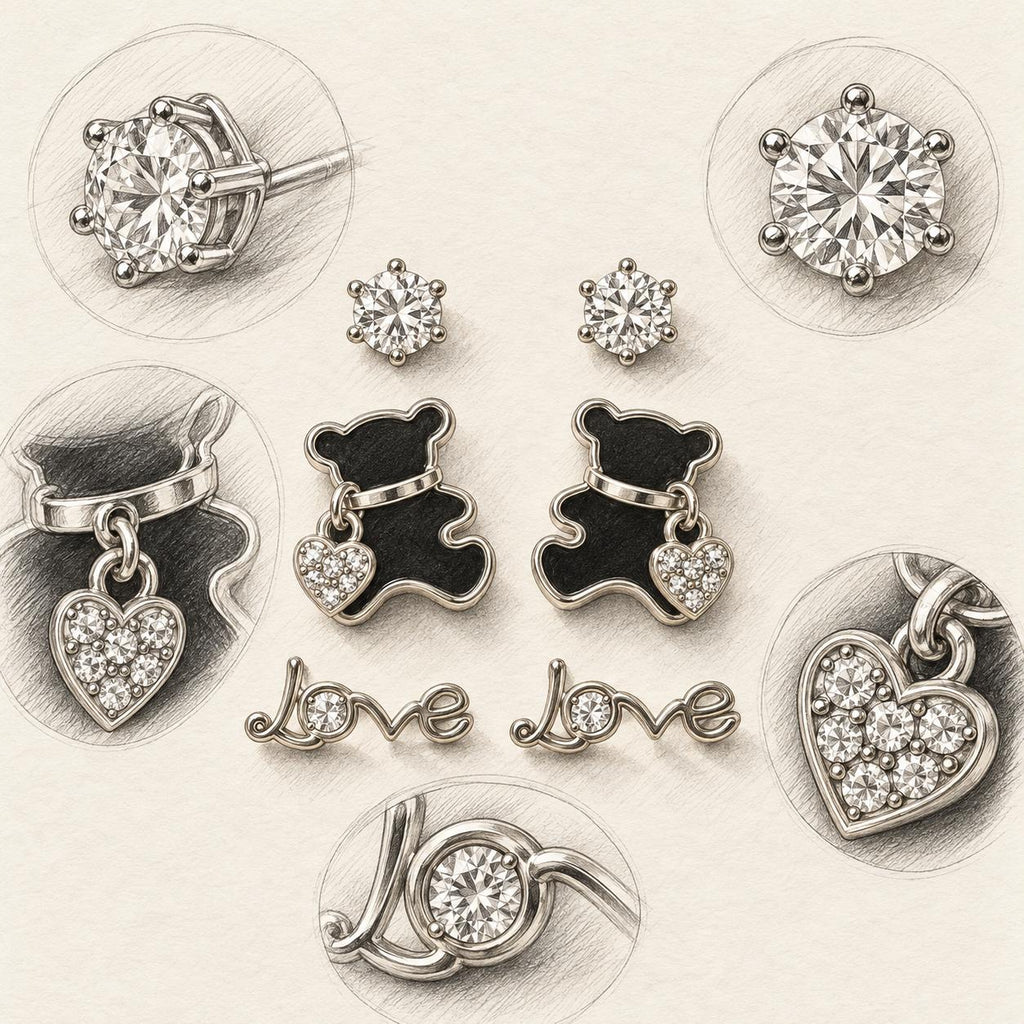 Set de 3 pares de aretes para mujer, ositos con corazón, Love y piedra brillante, tono dorado – 6 piezas