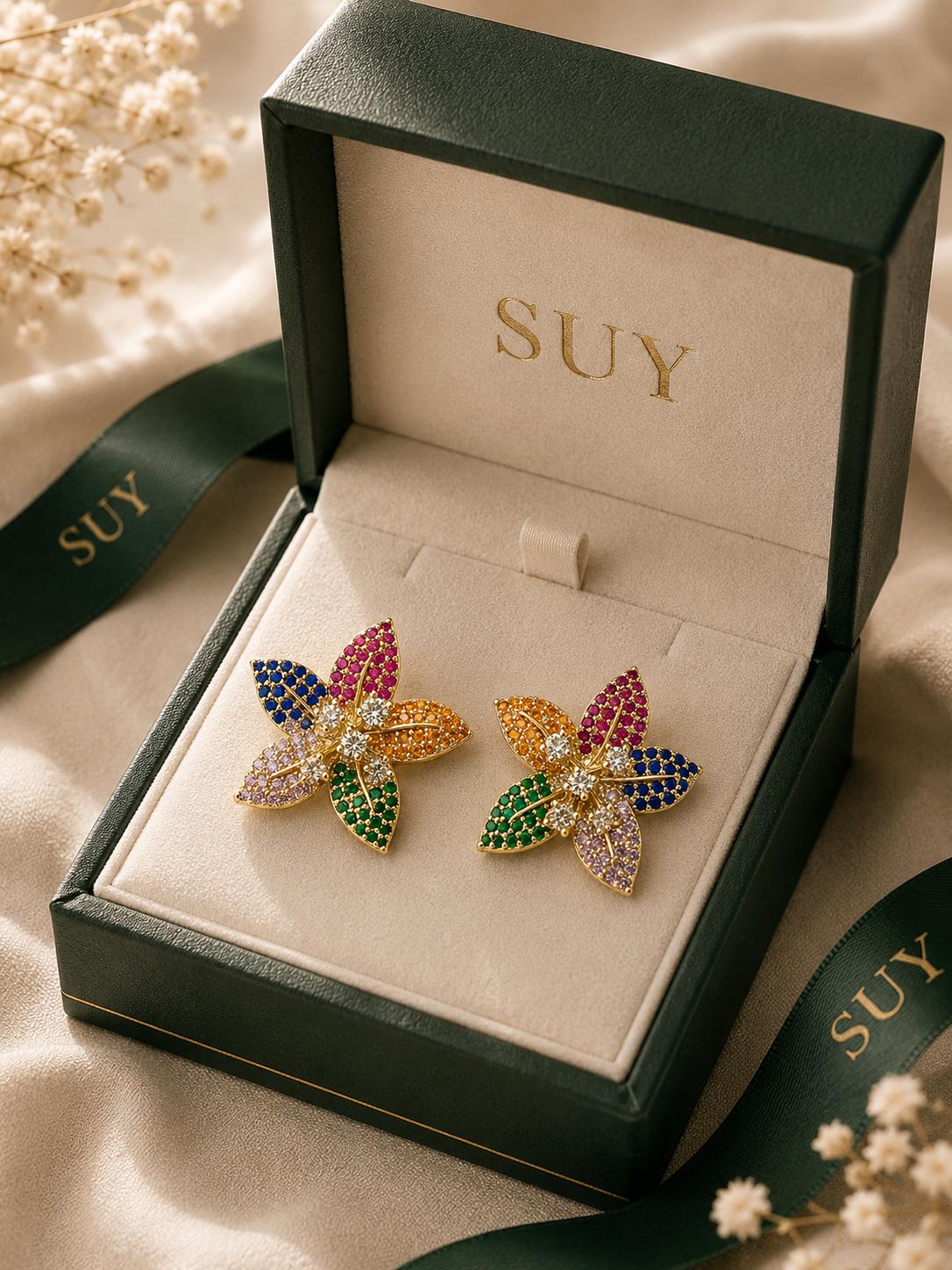 Aretes Flor Vintage Multicolor Zirconias Brillantes Lujo Para Fiesta Boda SUY