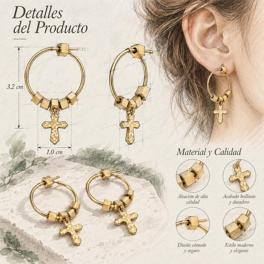 Aretes de aro dorados con cruz colgante y cuentas geométricas para mujer – 1 par