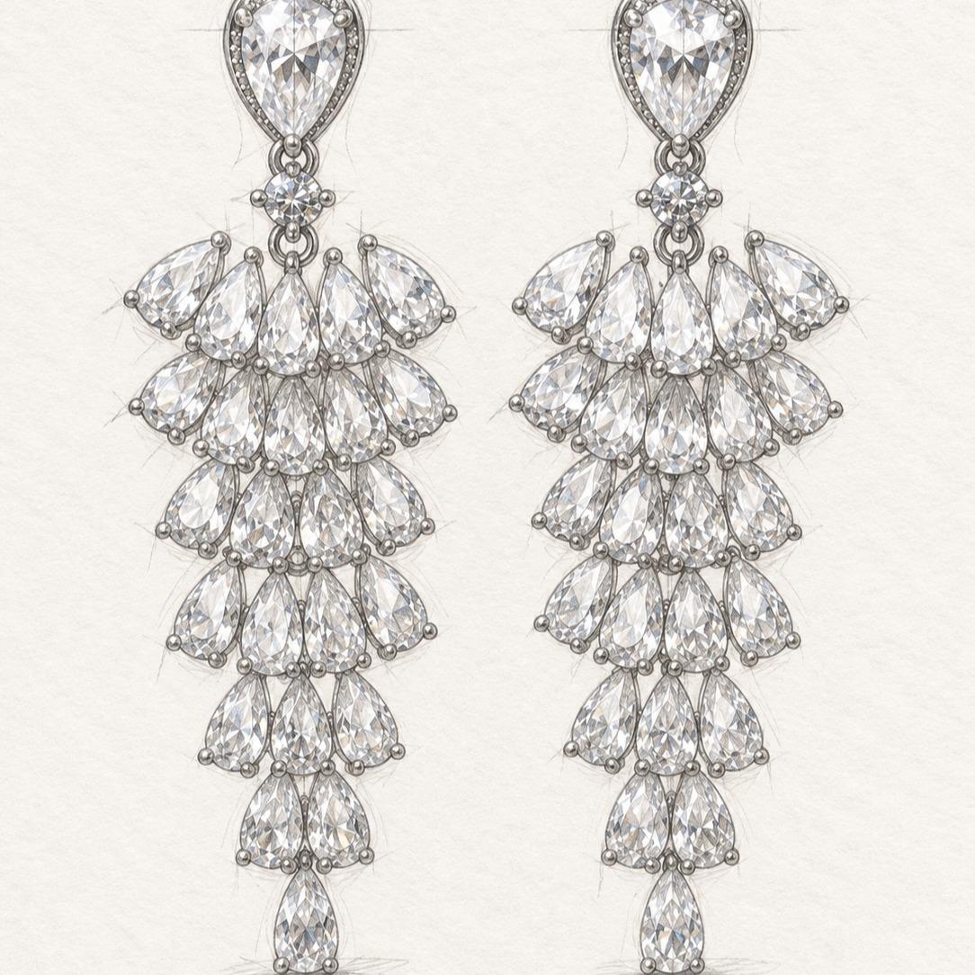 Sin níquel / Antialérgico, Aretes largos de borla con circonita en forma de gota, aretes elegantes para fiesta y boda SUY