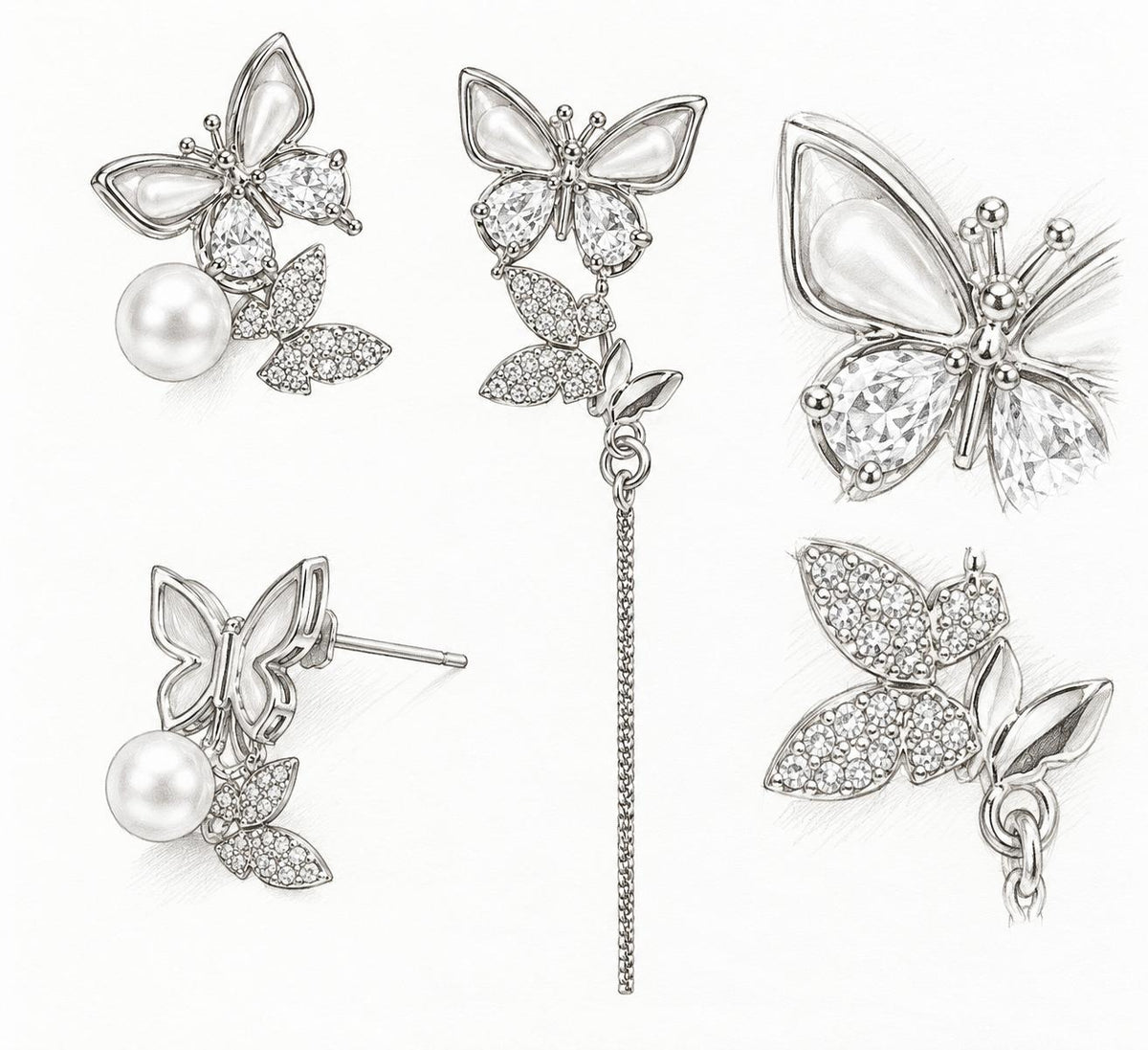 Pendientes asimétricos de mariposa con perla y circonias, joyería elegante para mujer SUY