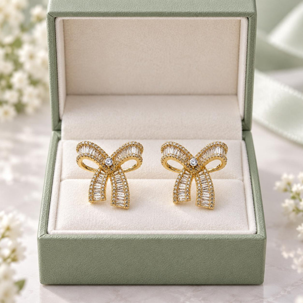 Aretes de Tuerca Dorados con Moño y Piedras Brillantes, Aretes Elegantes para Mujer SUY