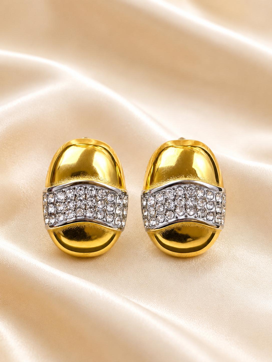 Pendientes ovalados dorados con piedras brillantes, diseño bicolor elegante para mujer SUY