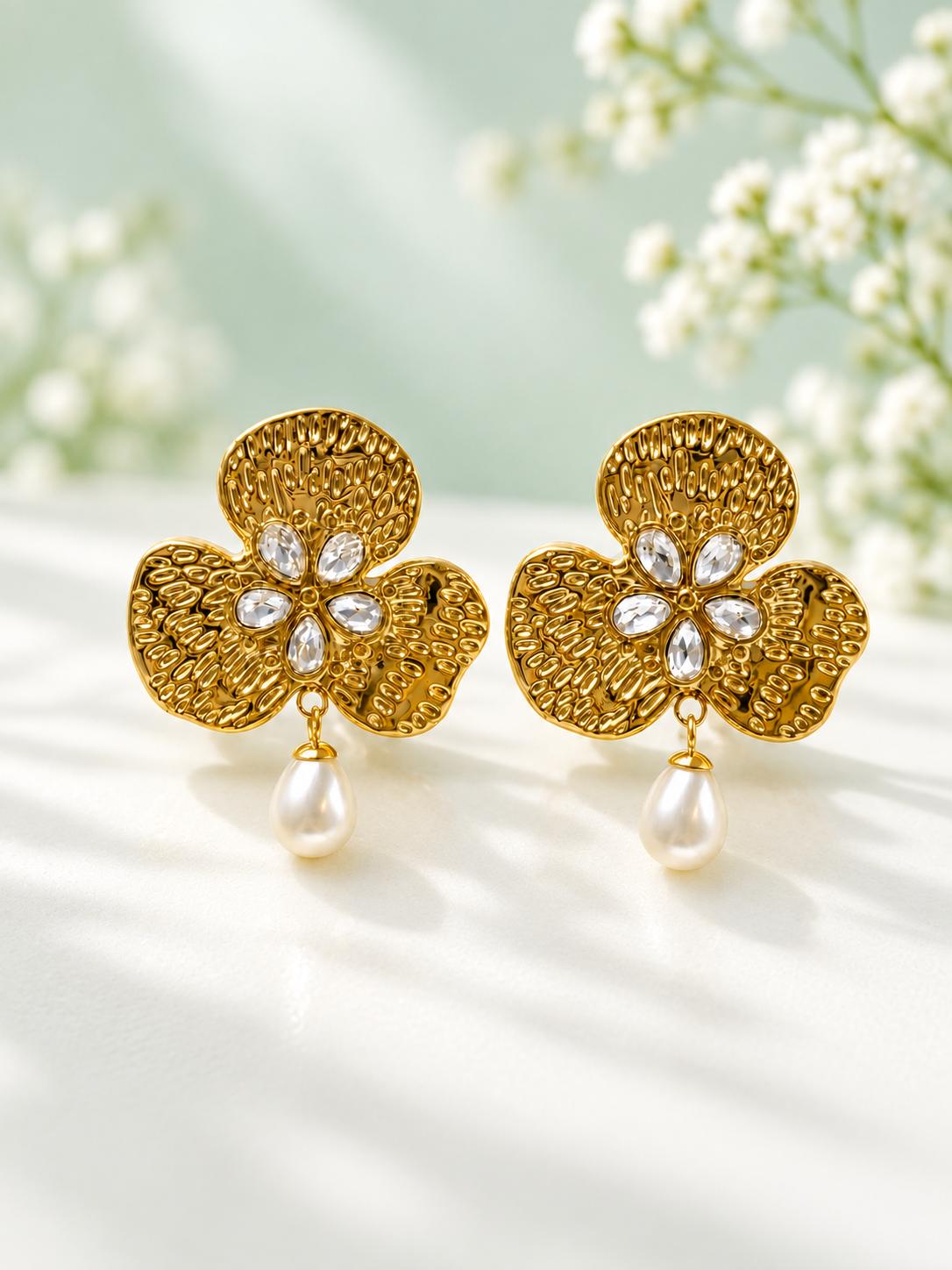 Aretes dorados flor con circonitas y perla colgante SUY, pendientes vintage mujer