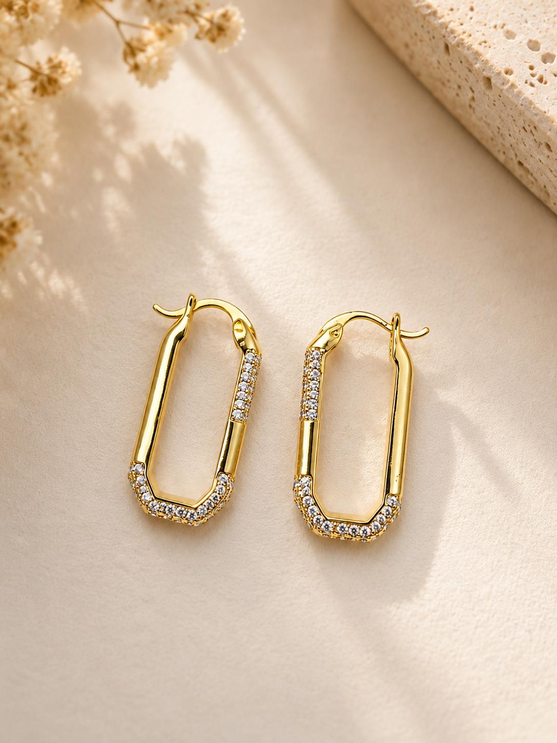 Aretes aro rectangular dorado con piedras brillantes, joyería minimalista para mujer SUY