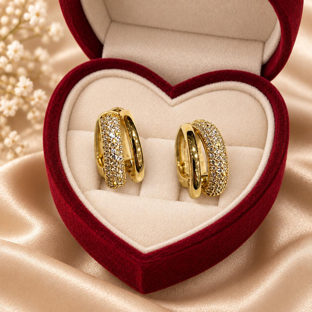 Aretes de aro doble con circonitas brillantes, joyería minimalista elegante SUY para mujer