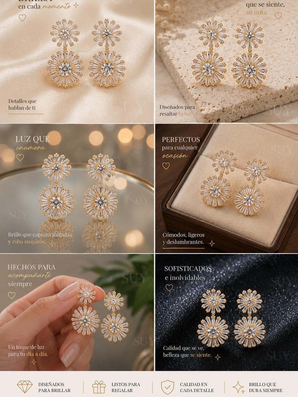 Aretes Colgantes de Flor con Zirconias Brillantes, Diseño Doble Floral, Elegantes para Mujer, Color Dorado