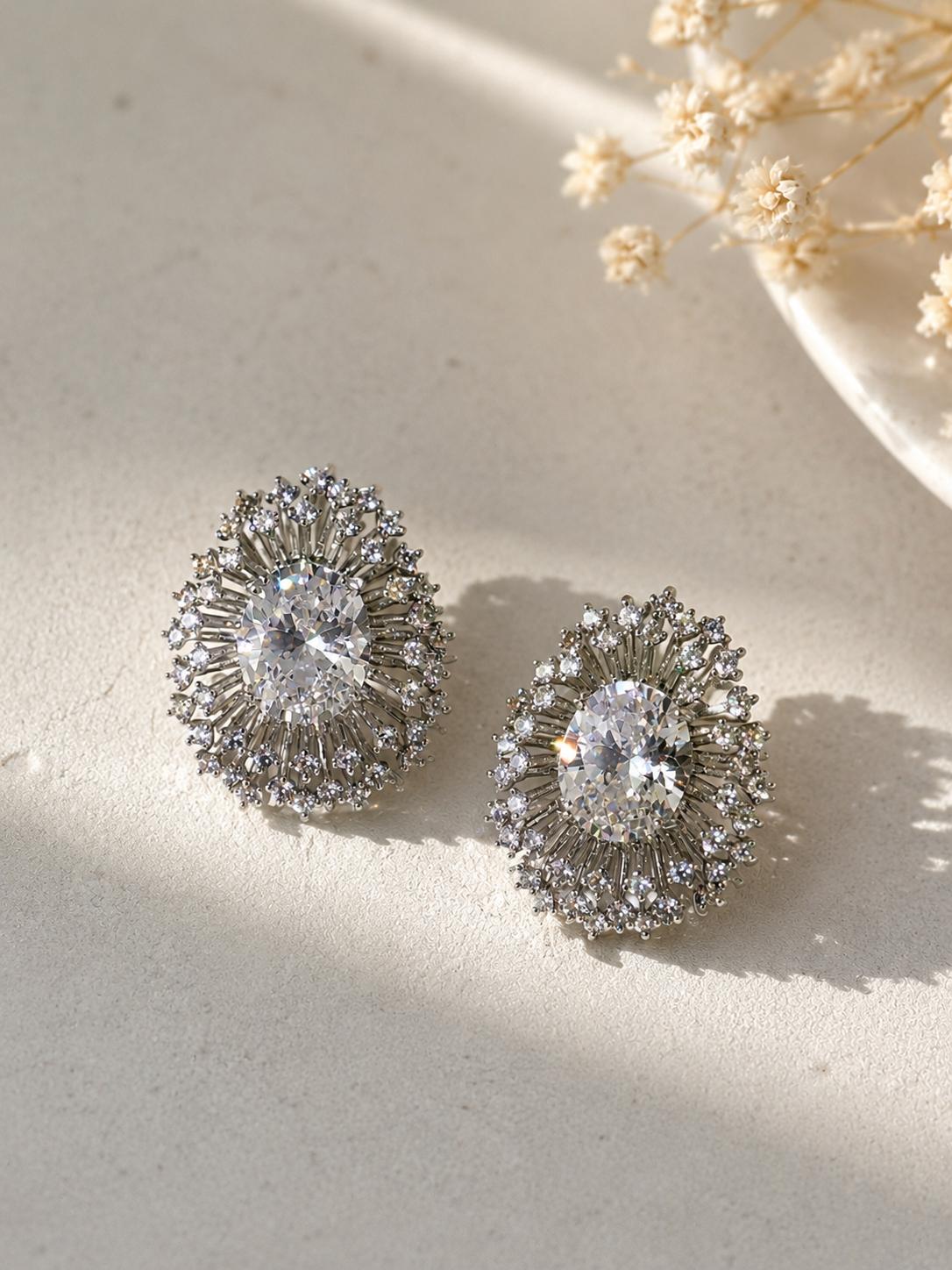 Aretes de Tuerca Ovalados con Piedras Brillantes , Diseño Fiesta Elegante para Mujer SUY