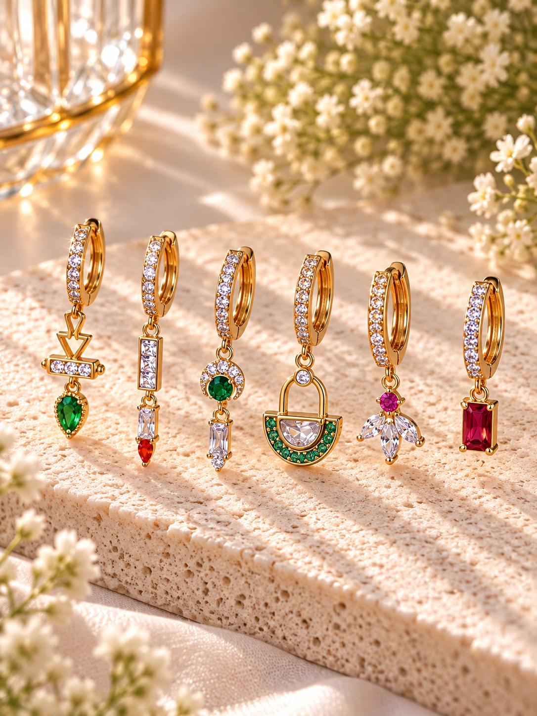 Set de Aretes Huggie Dorados con Zirconias y Dijes de Colores, Estilo Elegante y Moderno