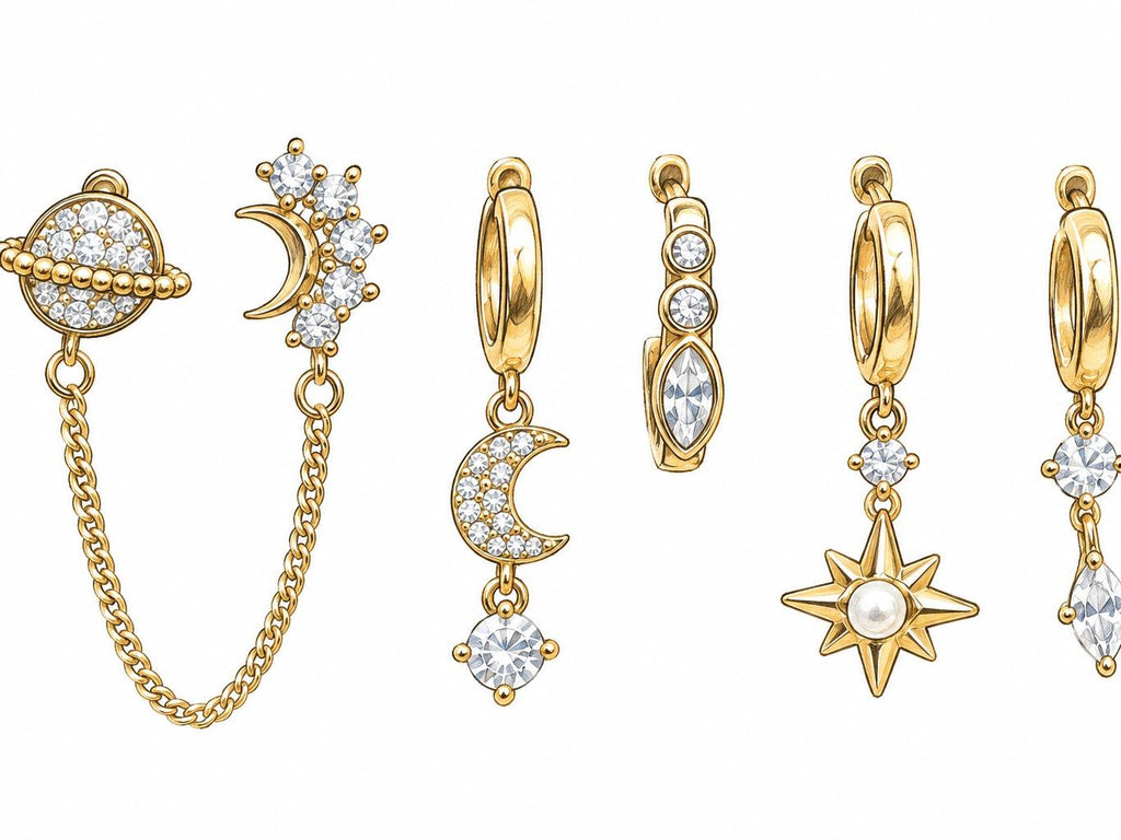 Aretes Dorados con Cristales y Diseños de Luna, Estrellas y Planetas | Estilo Celestial Elegante para Mujer
