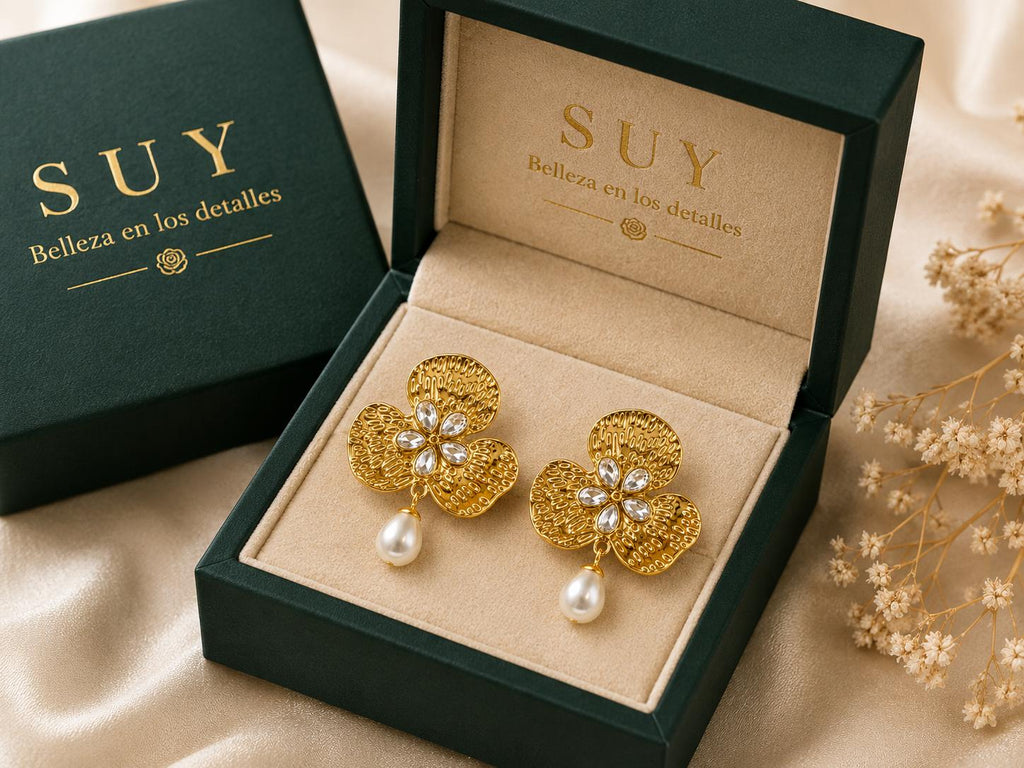 Aretes Flor Dorados con Perla Colgante y Piedras Brillantes , Diseño Vintage Elegante para Mujer SUY