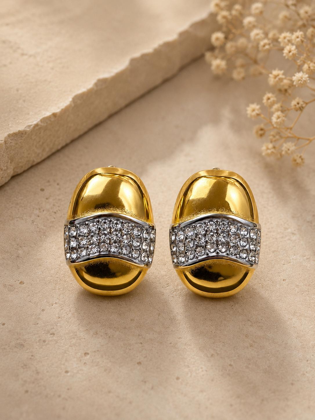 Pendientes ovalados dorados con piedras brillantes, diseño bicolor elegante para mujer SUY