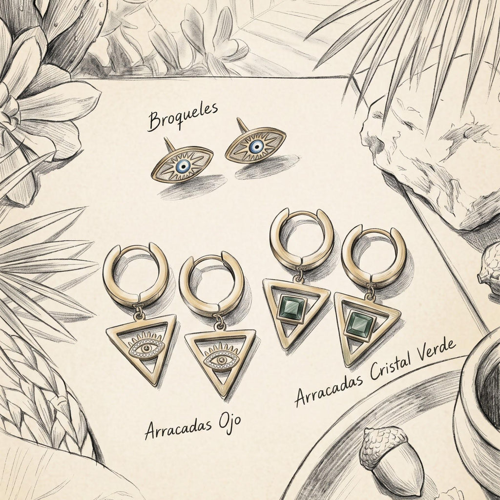 Conjunto de 3 Pares Aretes Ojo Turco Triangular Dorado — Piedra Verde Esmeralda y Circonita | Estilo Bohemio y Elegante