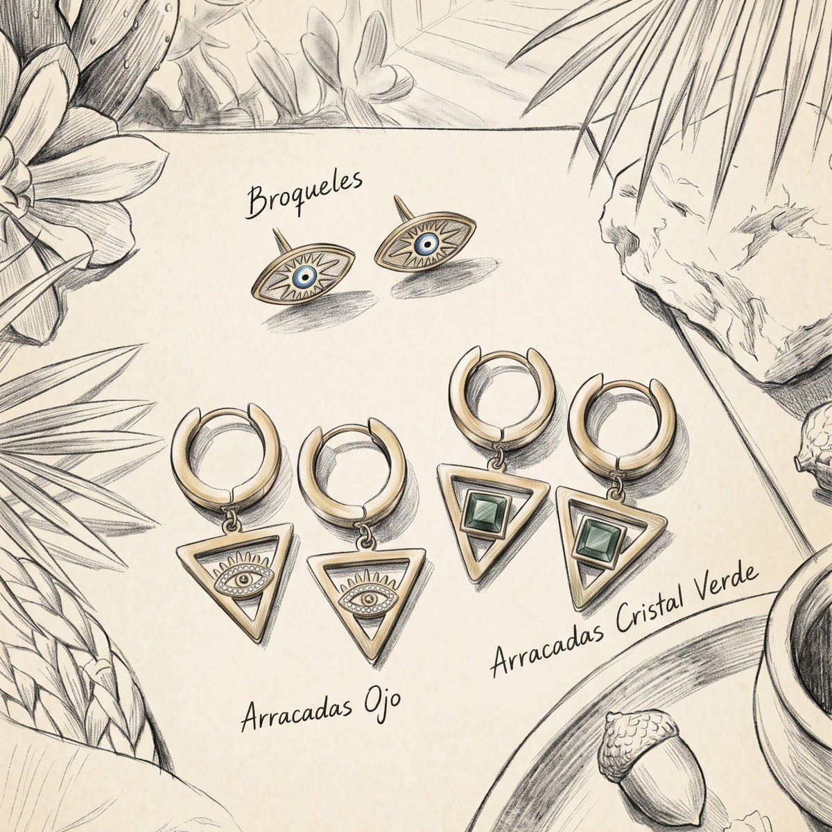 Conjunto de 3 Pares Aretes Ojo Turco Triangular Dorado — Piedra Verde Esmeralda y Circonita | Estilo Bohemio y Elegante