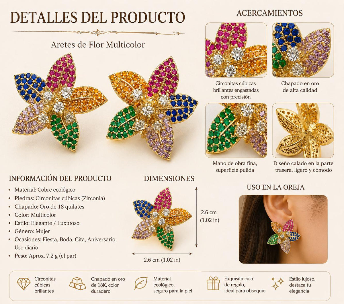 Aretes Flor Vintage Multicolor Zirconias Brillantes Lujo Para Fiesta Boda SUY