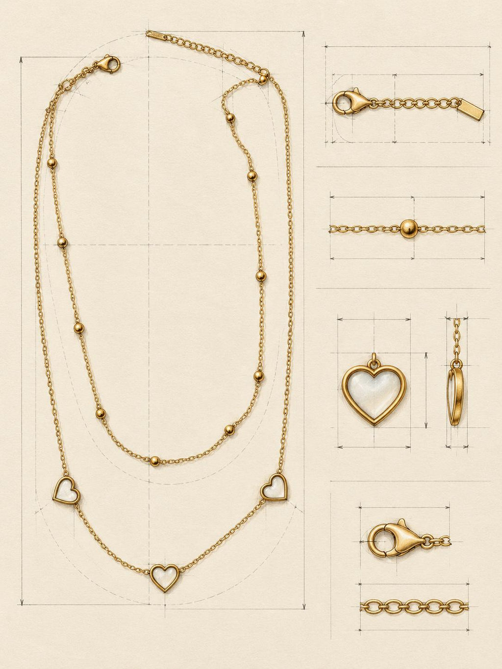 Collar Doble Dorado con Corazones de Nácar y Esferas Minimalistas para Mujer