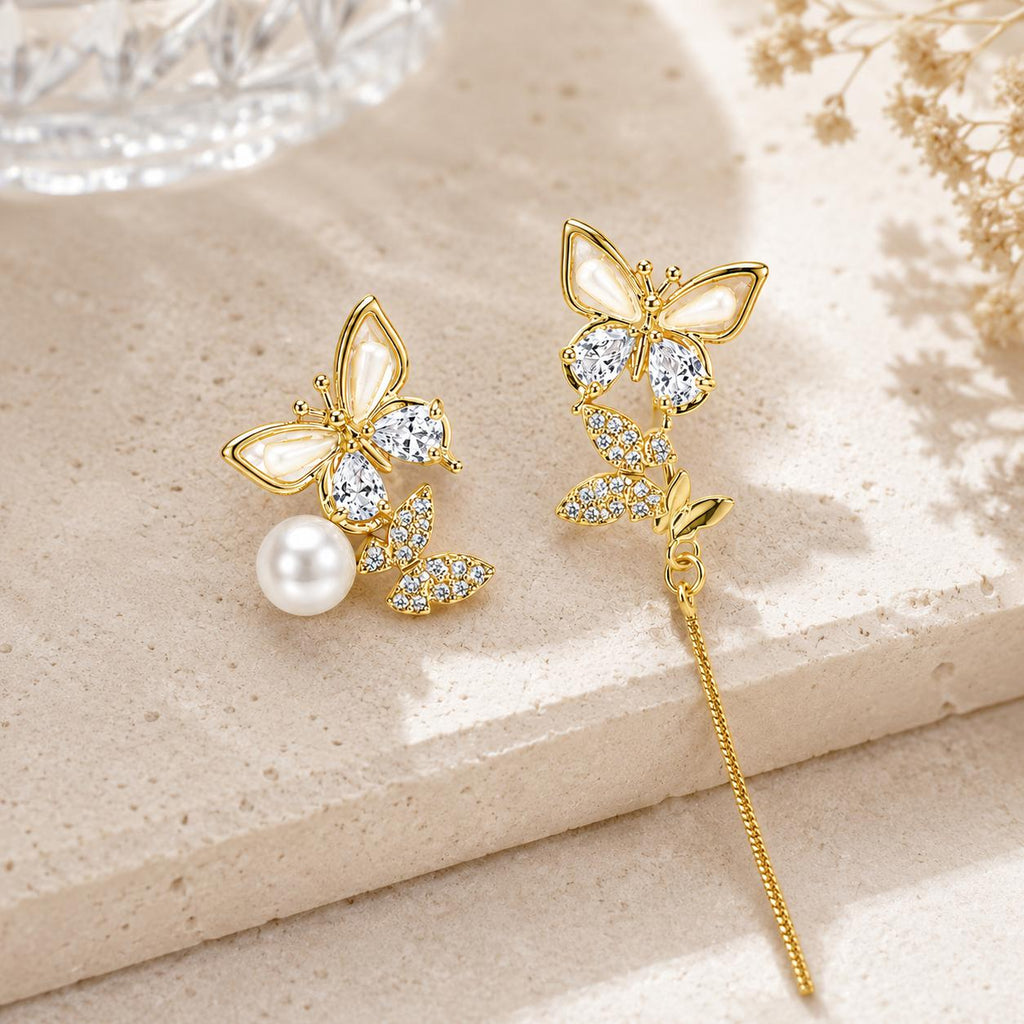 Pendientes asimétricos de mariposa con perla y circonias, joyería elegante para mujer SUY
