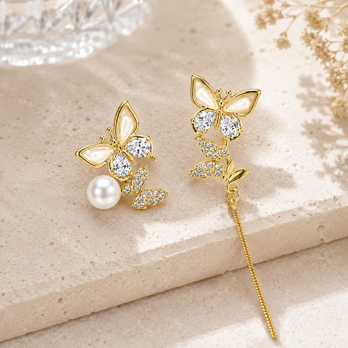 Pendientes asimétricos de mariposa con perla y circonias, joyería elegante para mujer SUY