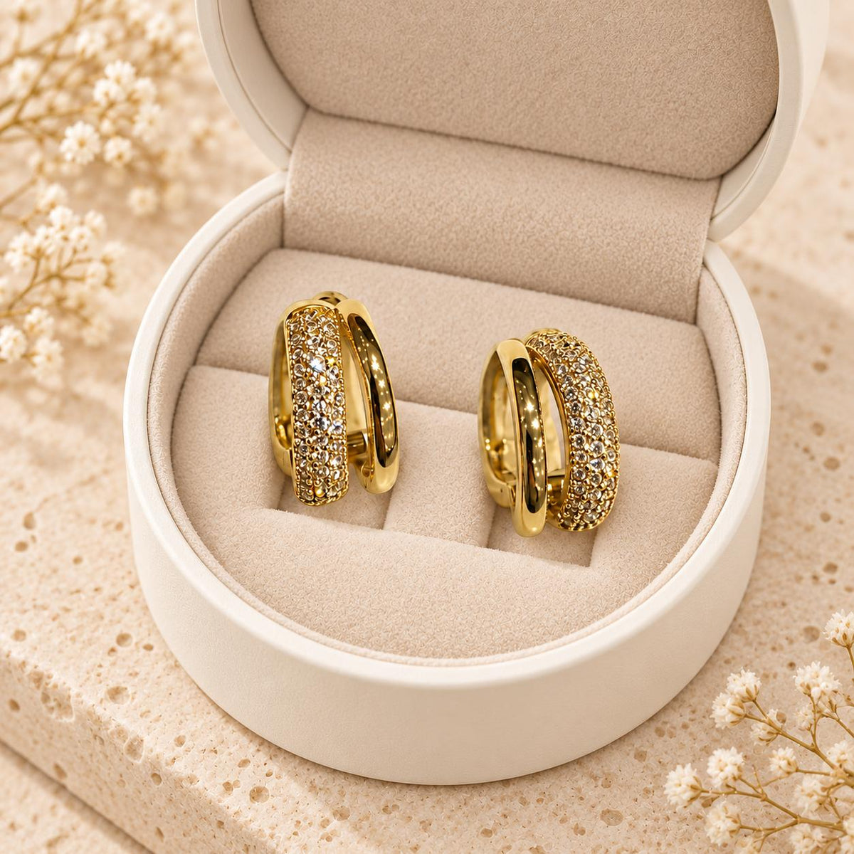 Aretes de aro doble con circonitas brillantes, joyería minimalista elegante SUY para mujer