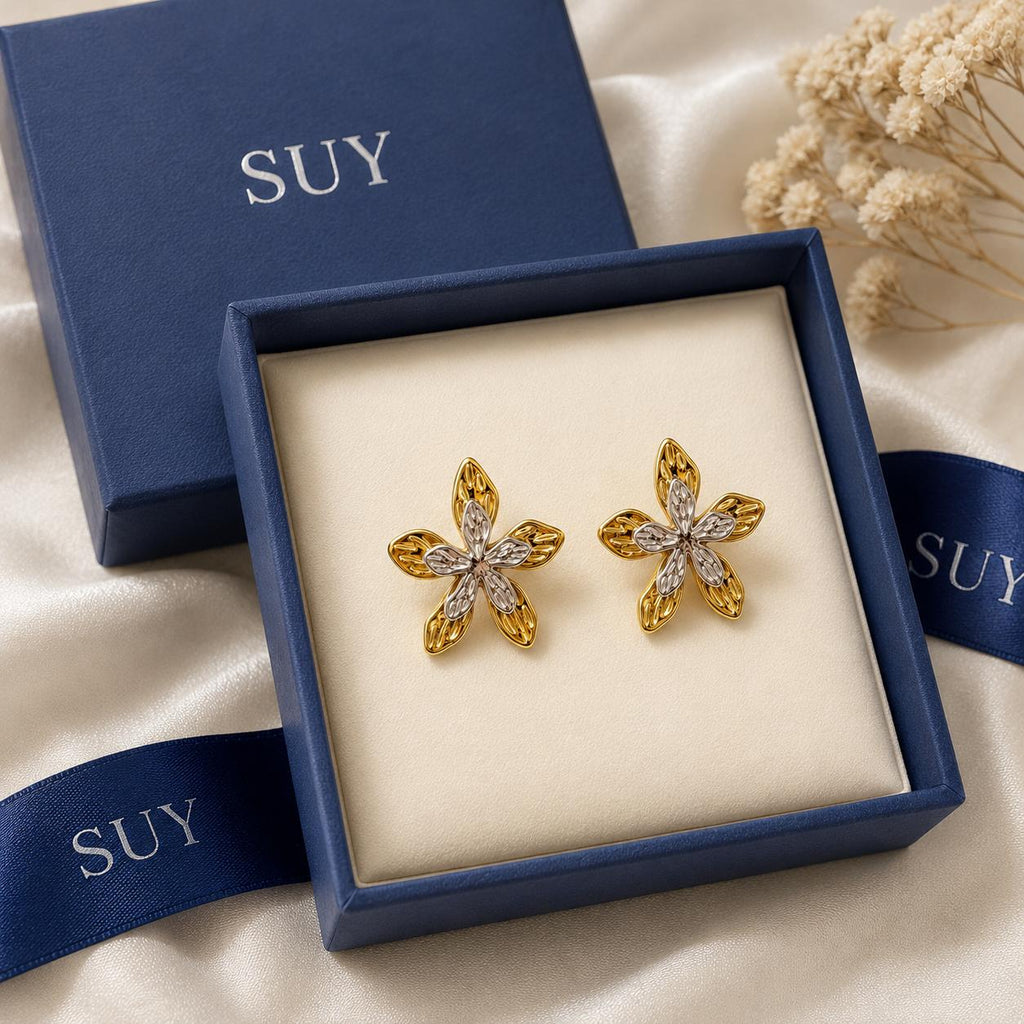 Aretes flor bicolor dorado y plateado, diseño elegante para mujer SUY