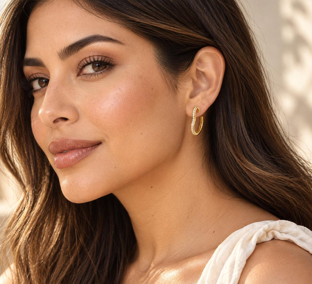 Aretes aro ondulado dorados con circonitas SUY, pendientes elegantes mujer