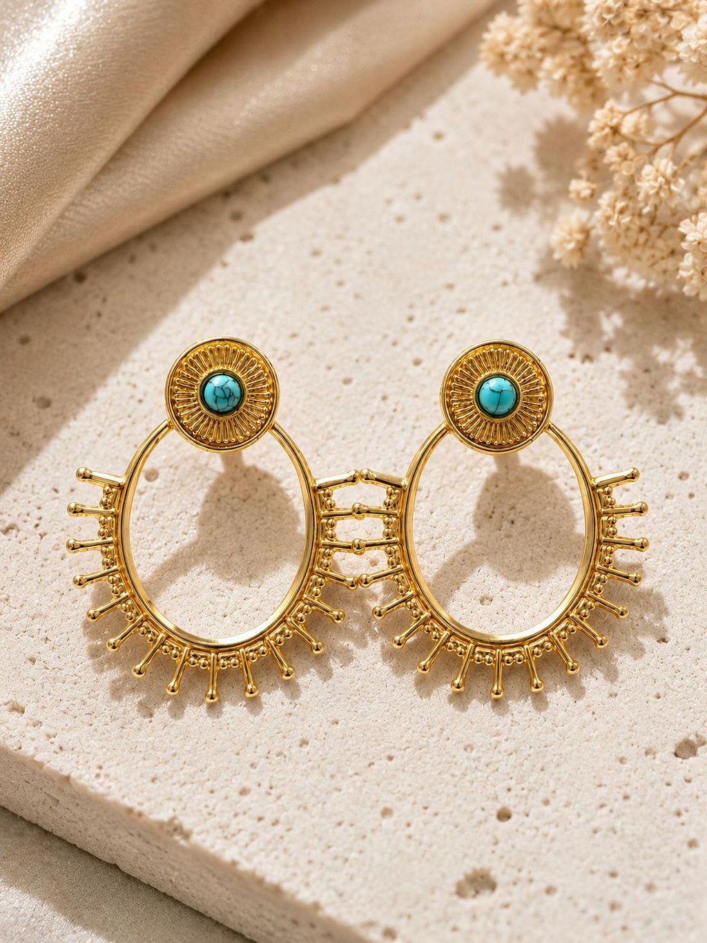 Aretes grandes bohemios diseño sol con piedra turquesa, joyería étnica para mujer SUY