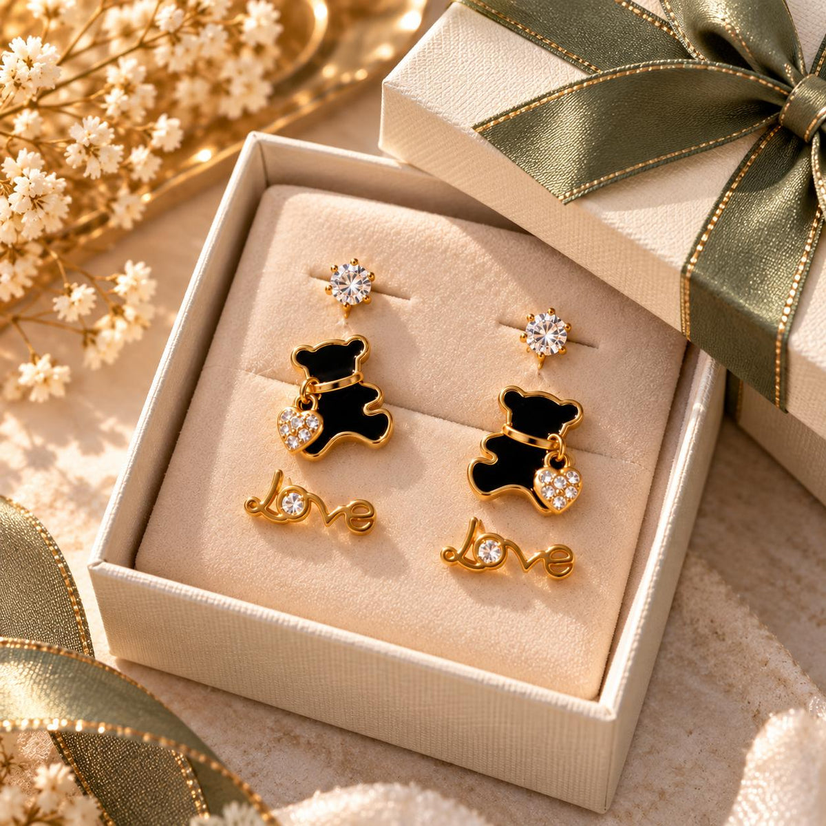 Set de 3 pares de aretes para mujer, ositos con corazón, Love y piedra brillante, tono dorado – 6 piezas