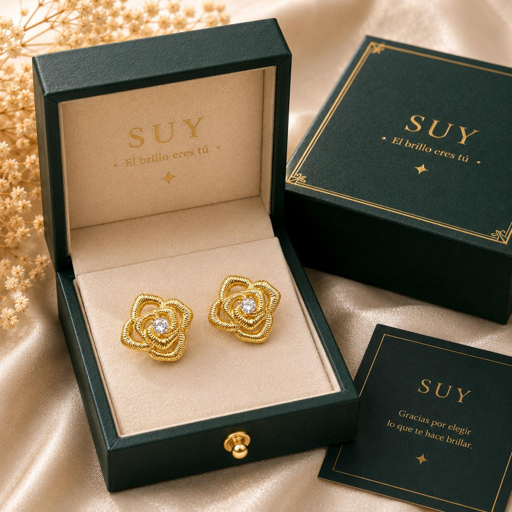 Aretes flor de rosa dorados con circonia brillante, joyería elegante para mujer SUY