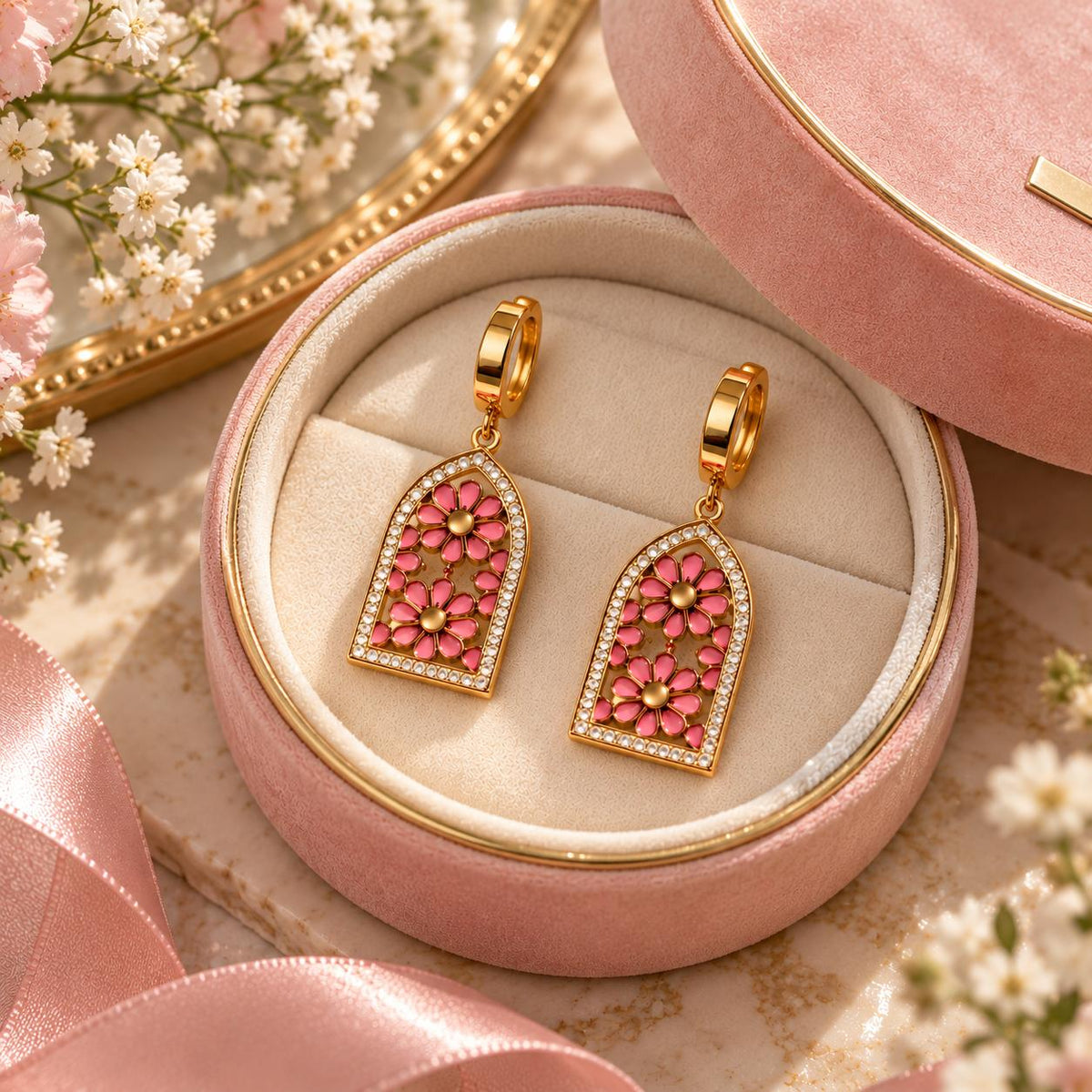 Aretes colgantes de mujer con flores rosas y detalles brillantes, acabado dorado – 1 par