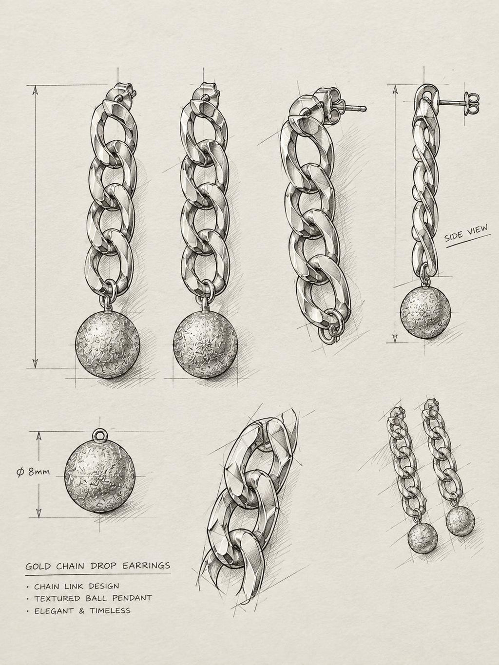 Aretes largos dorados de eslabones con esfera texturizada para mujer | SUY