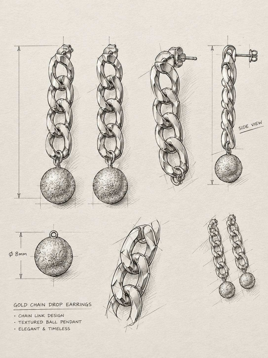 Aretes largos dorados de eslabones con esfera texturizada para mujer | SUY